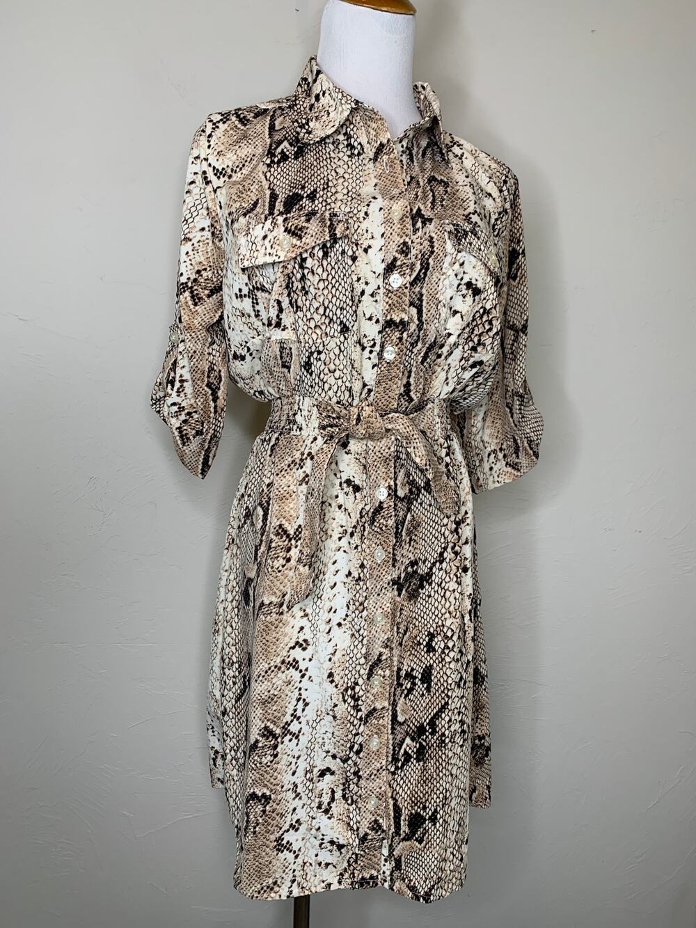 Millenium Snakeskin Brown Cream Shirt Dress Sz Small Preppy Casual